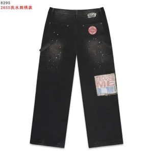 VA Black Washed Embroidered Cargo Wide-Leg Jeans