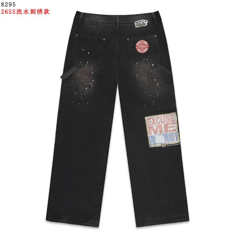 VA Black Washed Embroidered Cargo Wide-Leg Jeans