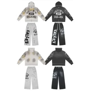 Vale Geometric Pattern Washed Hoodie & Pants Set