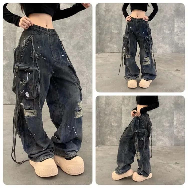 American Washed Ripped Multi-Pocket Cargo Jeans