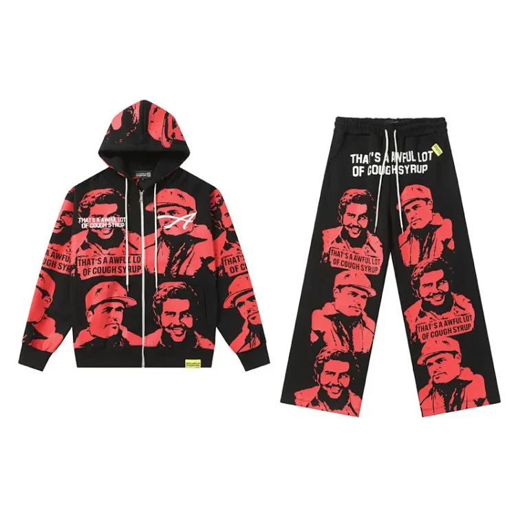 Streetwear Letter Print Terry Hoodie & Pants Set
