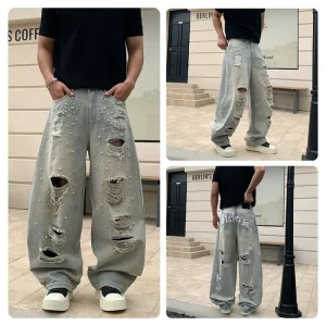 American Handmade Pearl Rhinestone Ripped Jeans