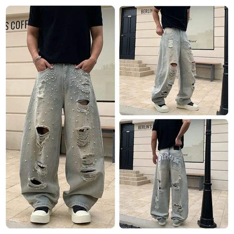 American Handmade Pearl Rhinestone Ripped Jeans