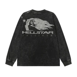 Hell Star Print Washed Distressed Long Sleeve T-Shirt