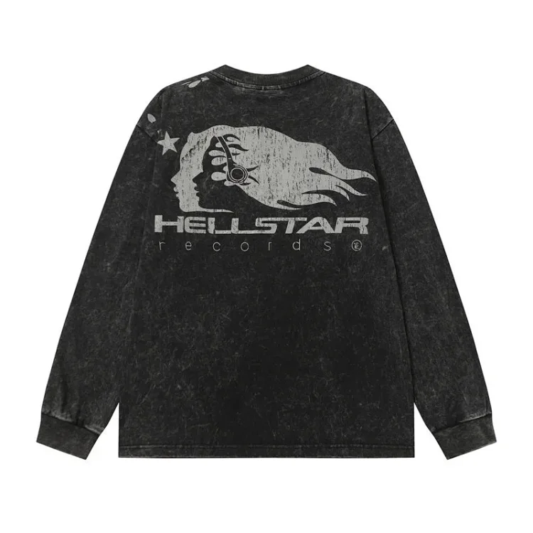 Hell Star Print Washed Distressed Long Sleeve T-Shirt
